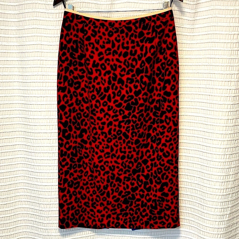 No. 21 Red Black Animal Print Pencil Midi Skirt